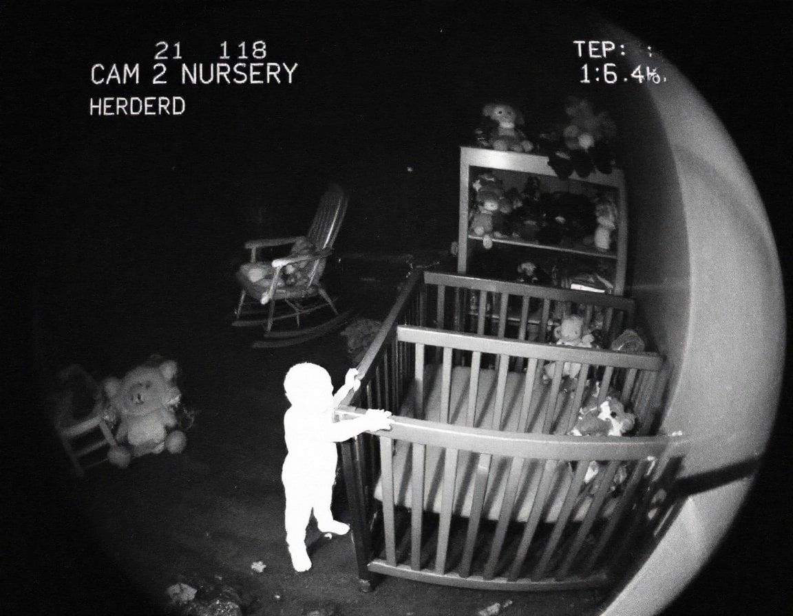 A fisheye night-vision view down into a nursery: a crib, a rocking chair, a shelf of stuffed toys and a small white child standing at the crib rail.