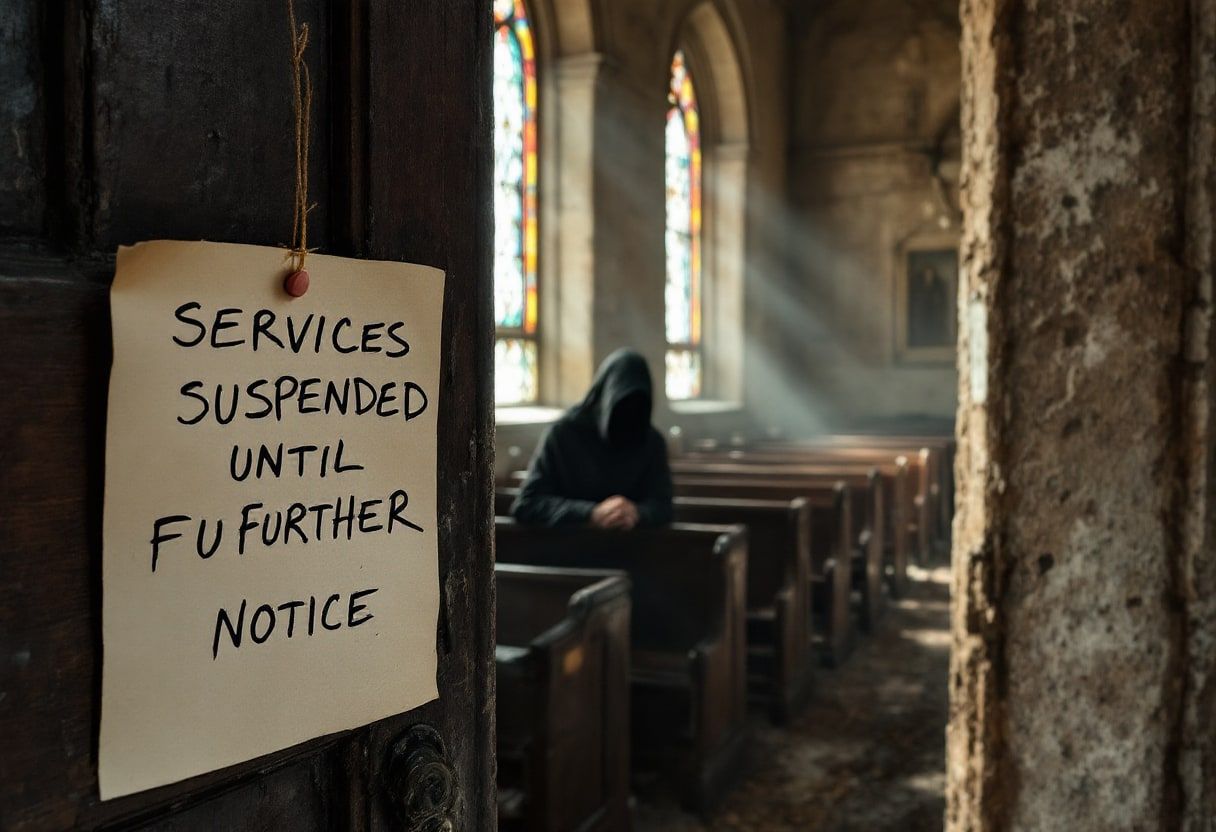 A handwritten notice pinned to a church door and, beyond it, a neglected nave with stained glass, shafts of light and a hooded figure sitting in a pew.