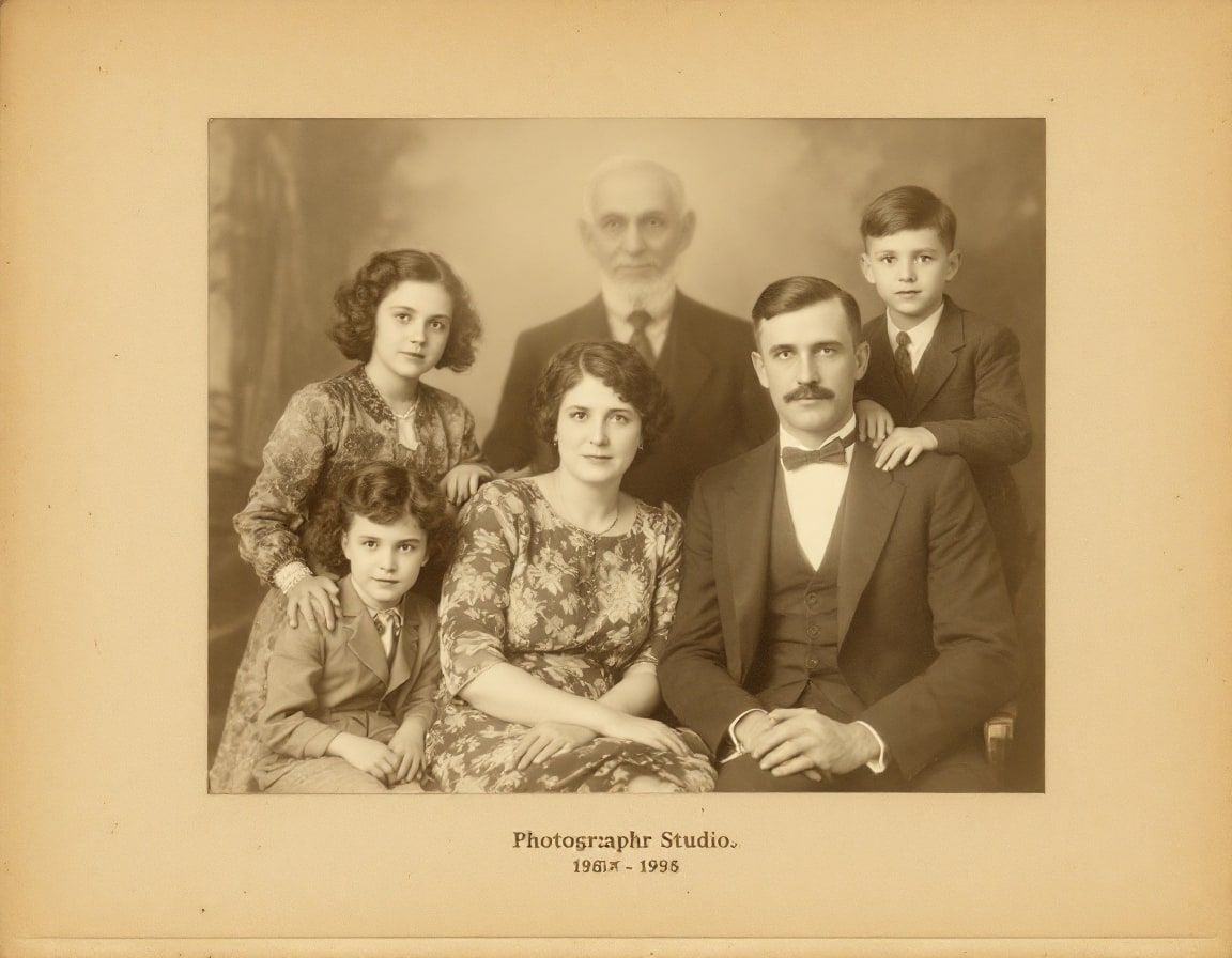 A sepia studio portrait on a card mount: a seated couple, three children around them and an elderly bearded man standing behind the mother.