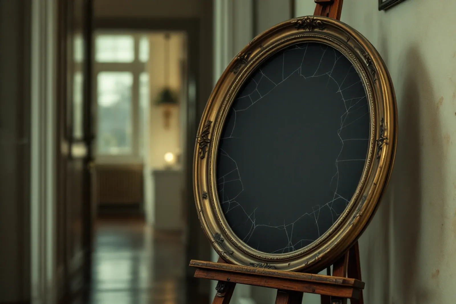 An oval picture frame on an easel, its glass cracked and portrait blank.