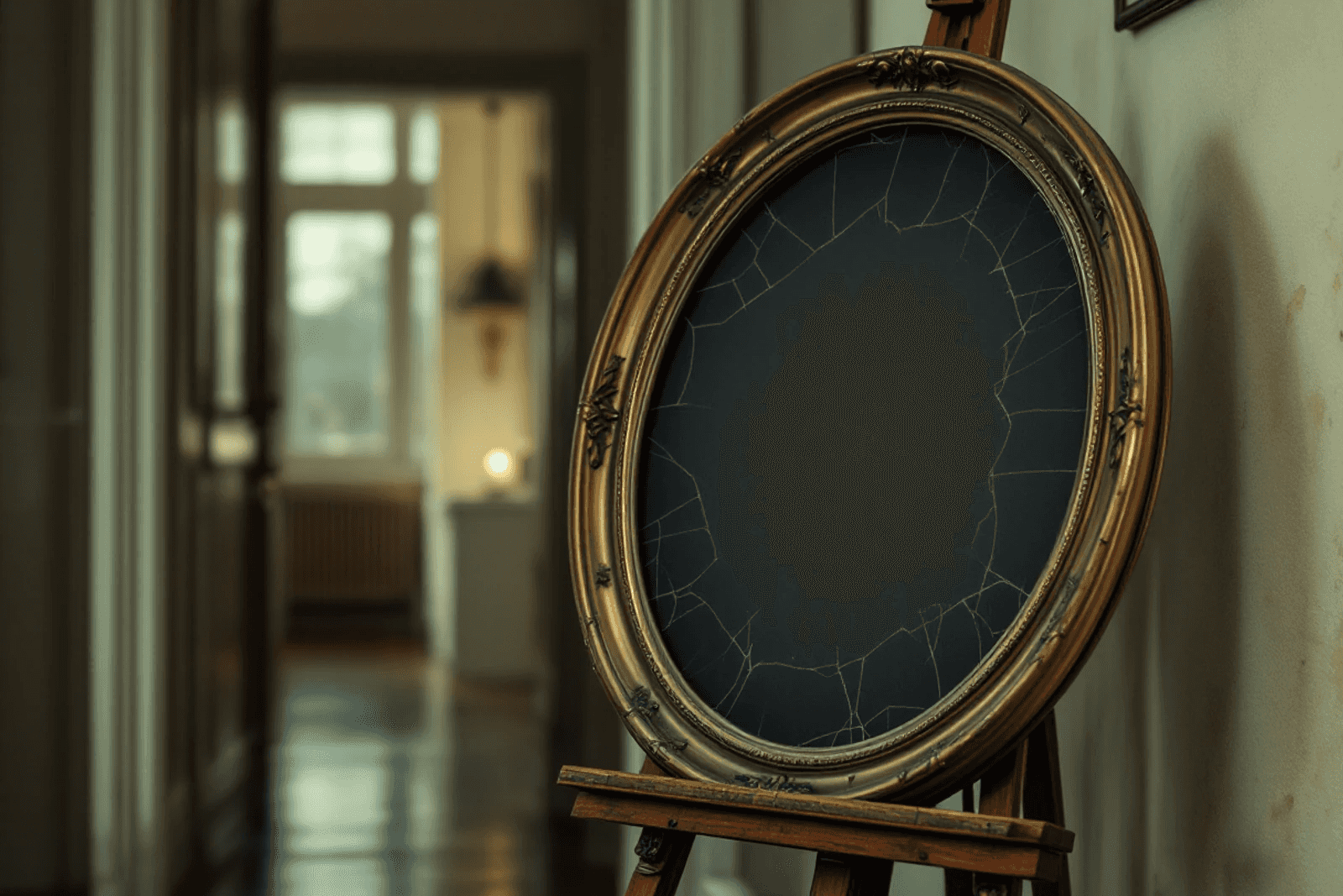 An oval picture frame on an easel, its glass cracked and portrait blank.