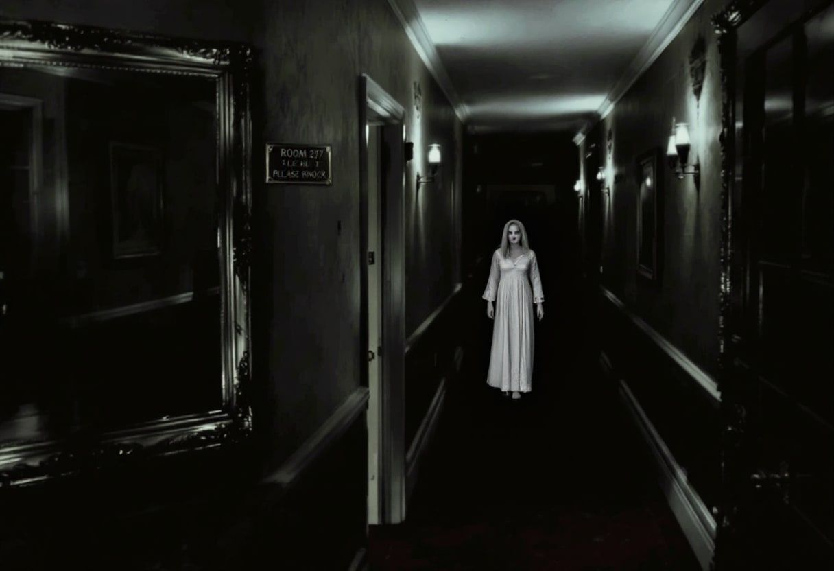 A dim hotel corridor at night, with sconces on both walls, a gilt mirror on the left and a woman in a long white nightgown standing at the far end.
