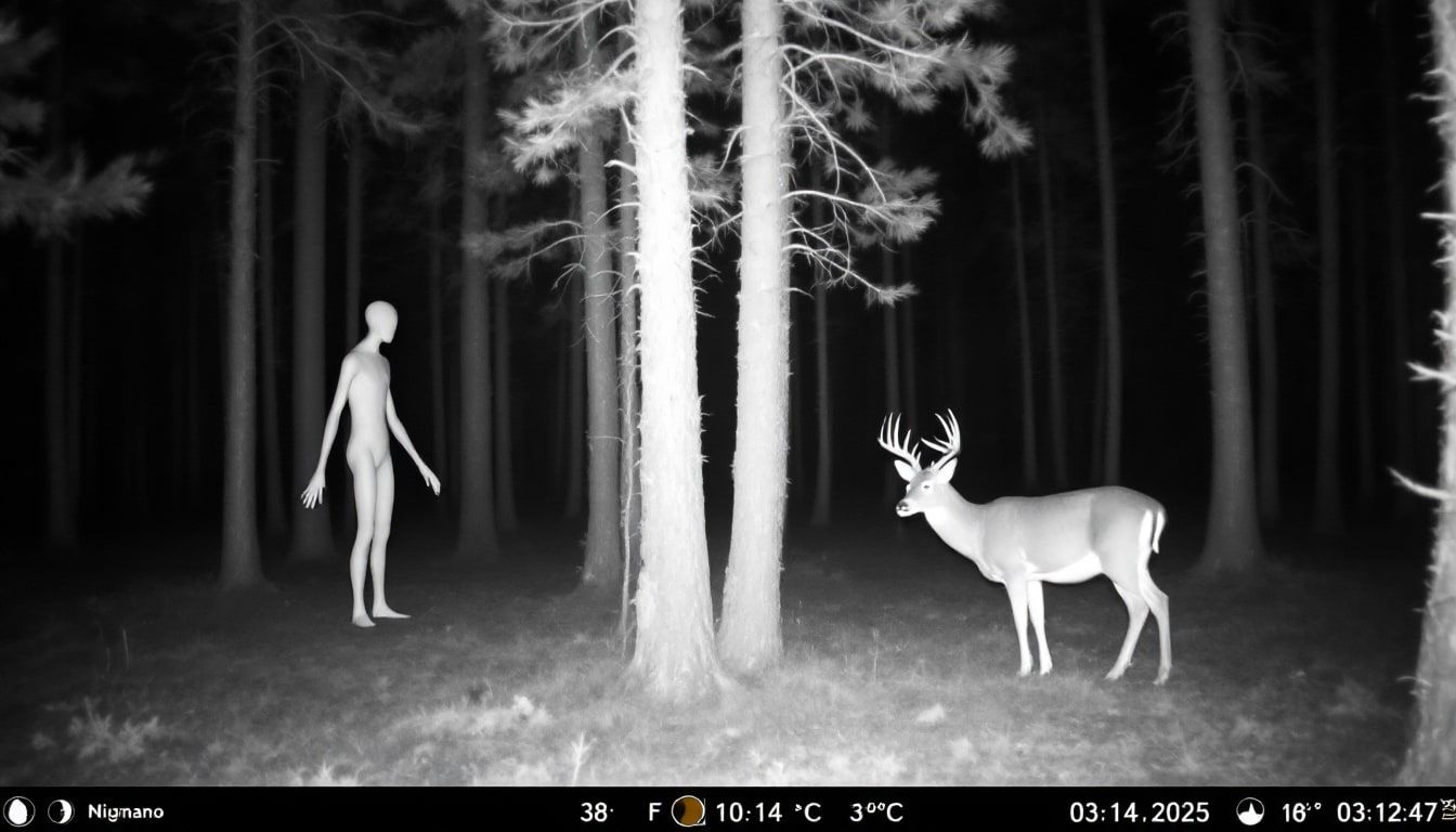 Infrared trail camera frame at night in a pine forest, with a stag on the right, a tall pale figure standing on the left and an info bar along the bottom.