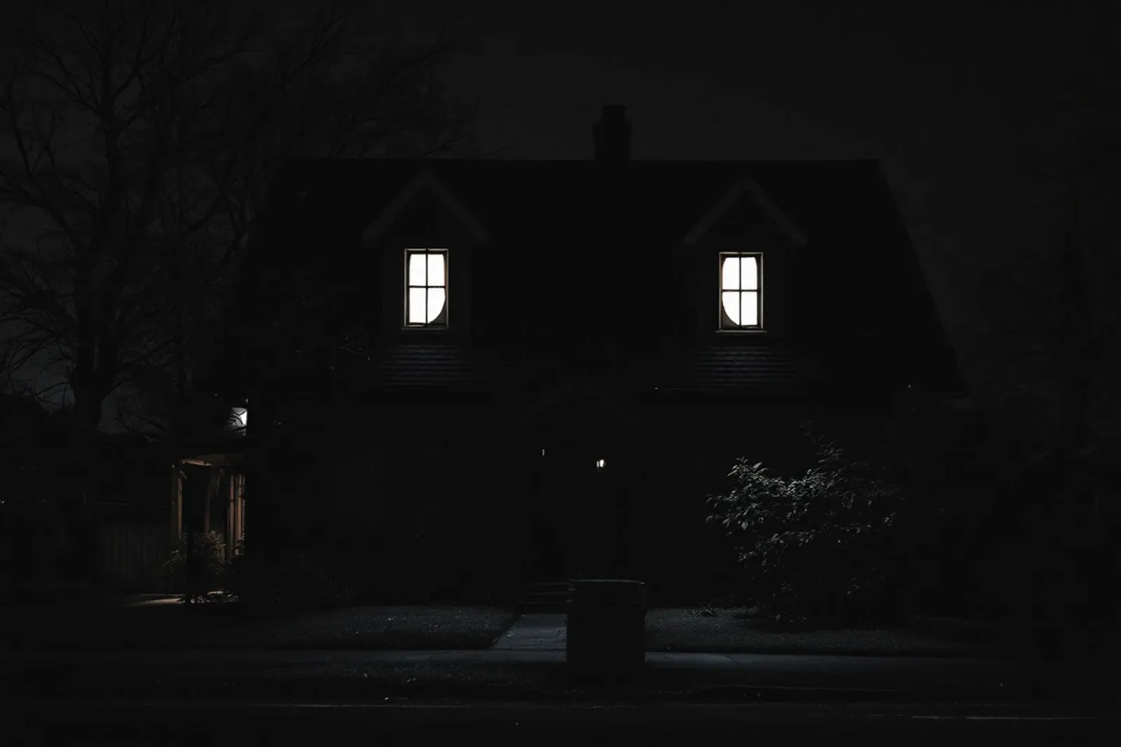 A dark house with two crescent-shaped attic windows, seen at night.