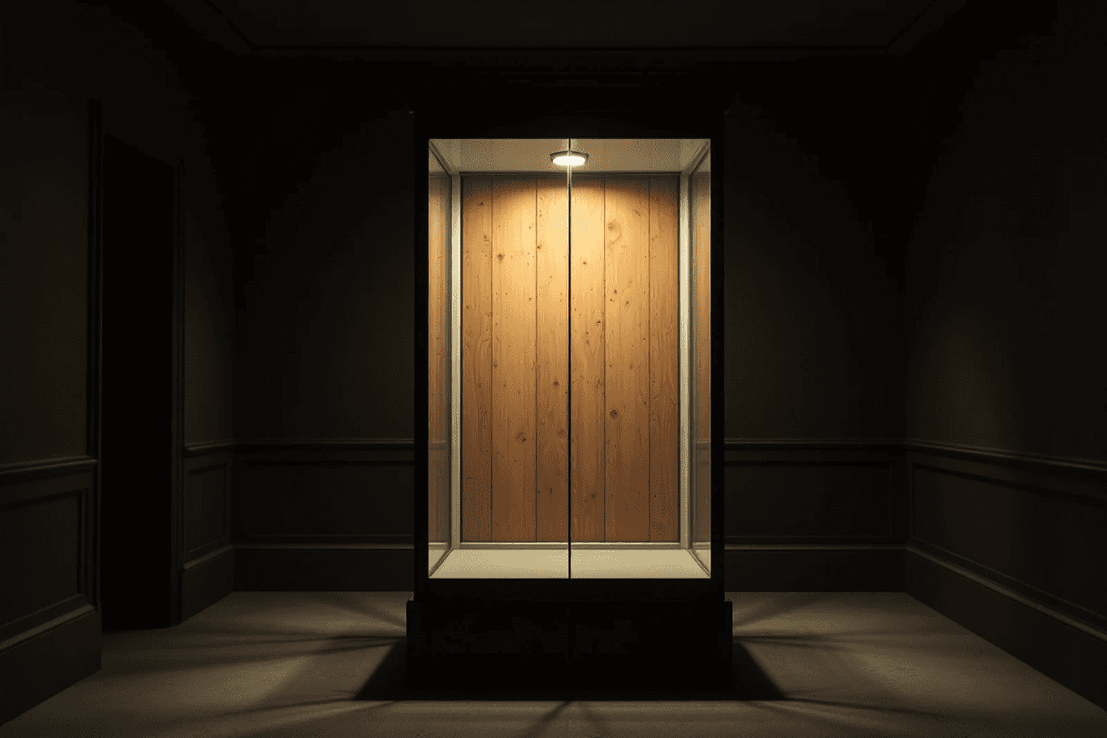 An empty glass display case alone in a dim museum room, a single light falling on its bare boards.