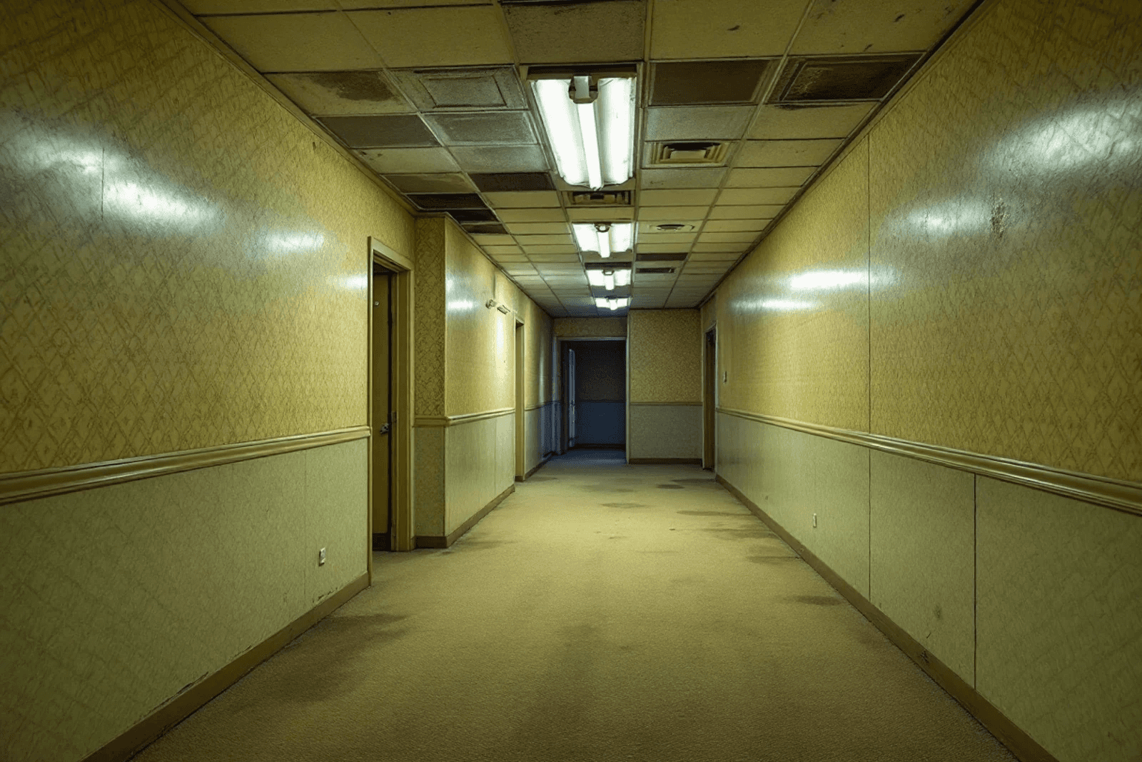 An empty low-ceilinged room with yellowed walls and damp carpet under flat fluorescent light.