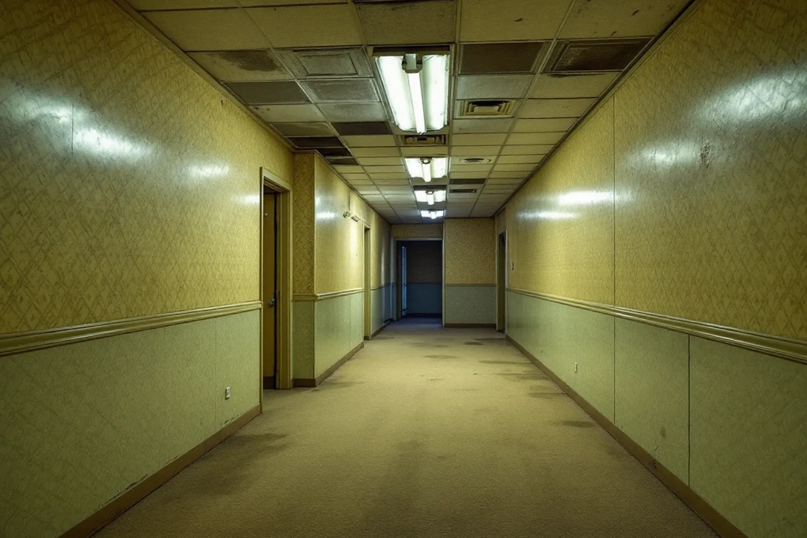 An empty low-ceilinged room with yellowed walls and damp carpet under flat fluorescent light.