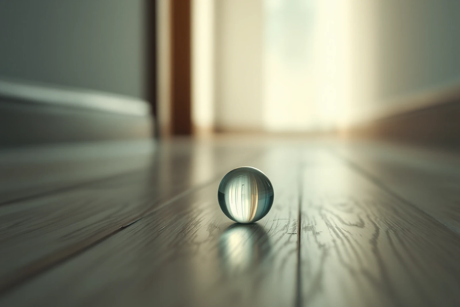A single glass marble at rest in the middle of an empty room.