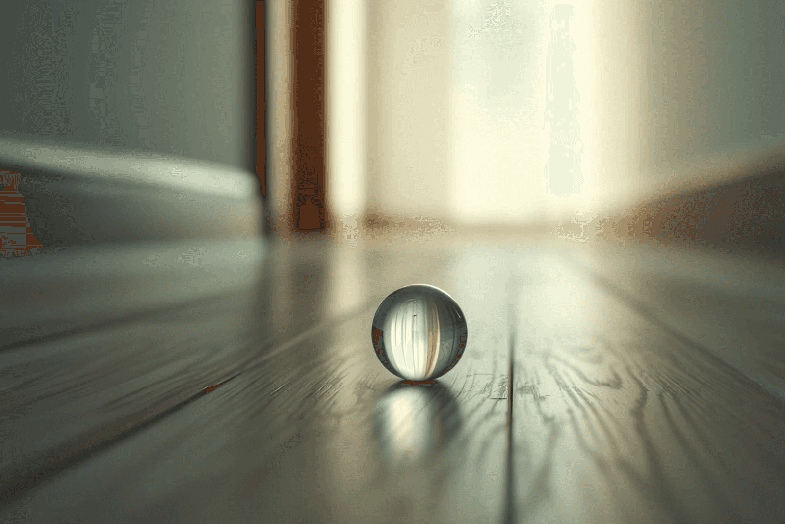 A single glass marble at rest in the middle of an empty room.