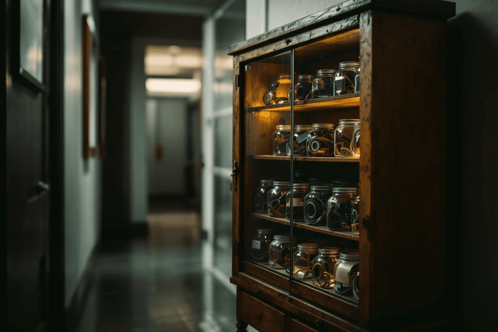 An open specimen cabinet holding jars of coiled tape and curled film.