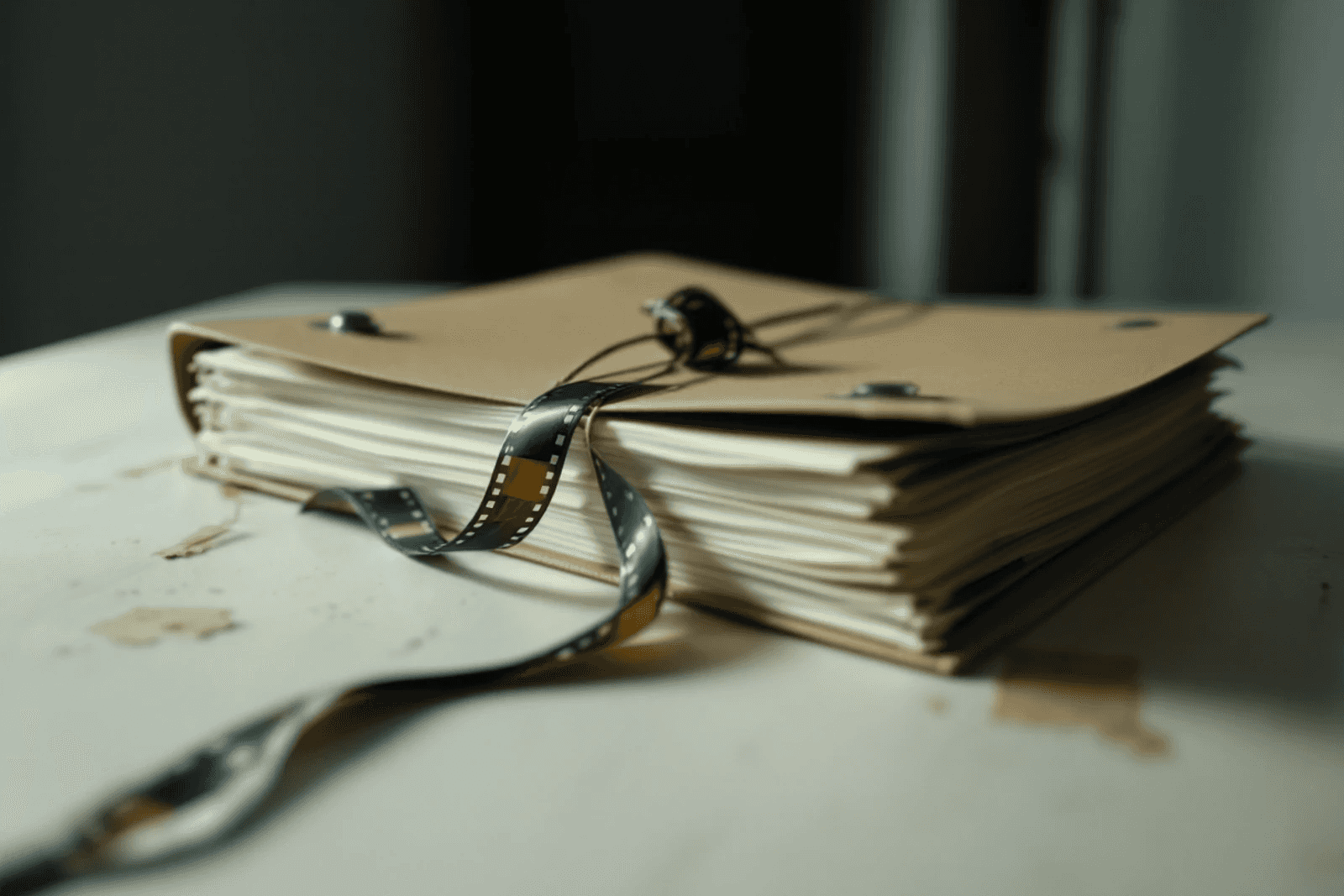A case file tied with string, a strip of film caught under the flap.