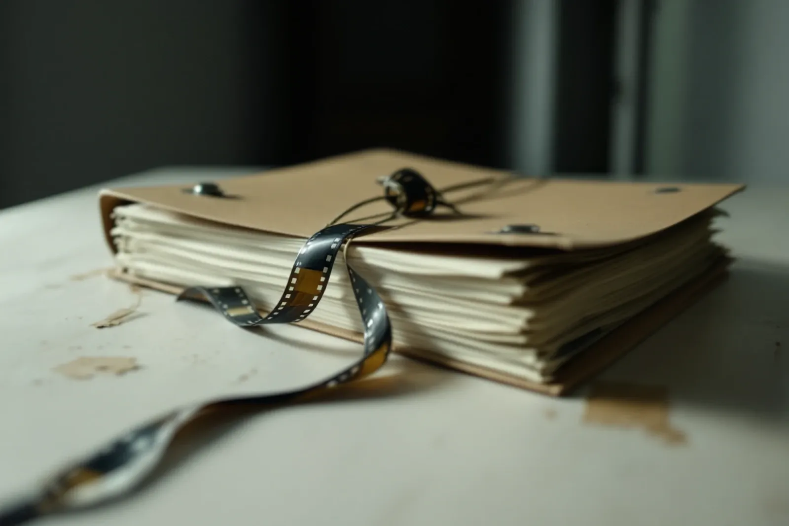 A case file tied with string, a strip of film caught under the flap.