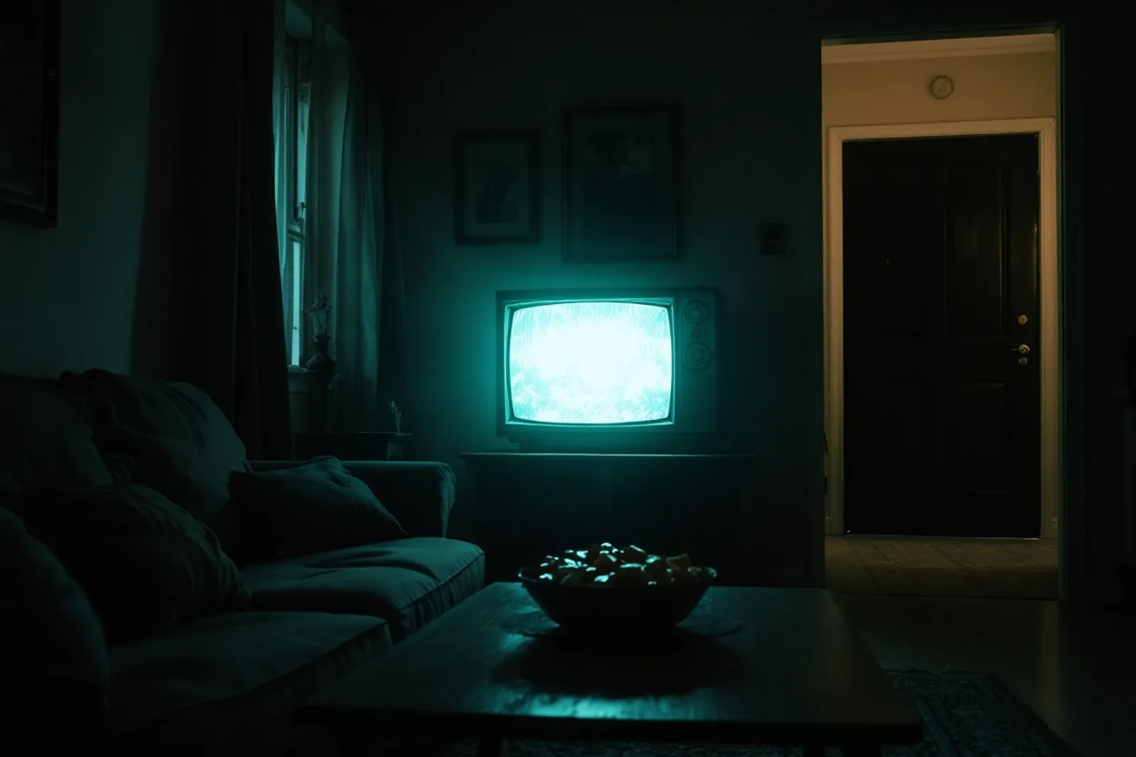 A dark living room lit only by an old television, its glow on an empty sofa and a bowl of candy.
