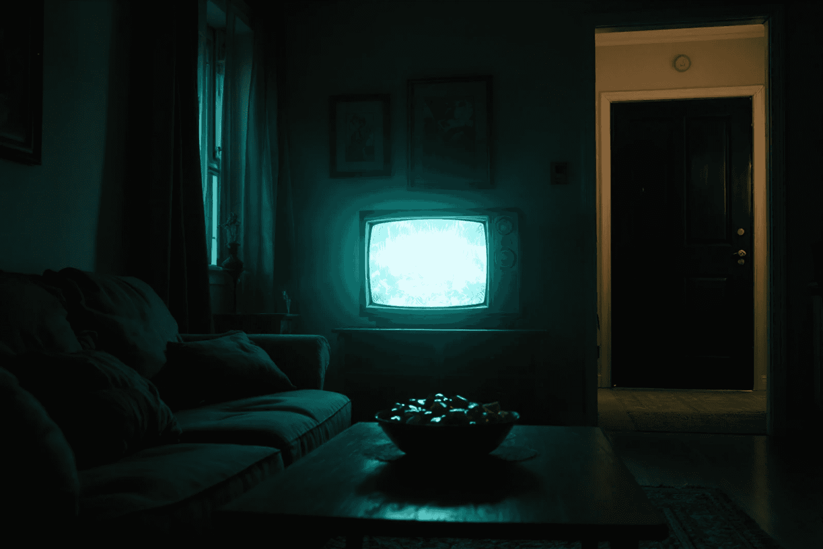 A dark living room lit only by an old television, its glow on an empty sofa and a bowl of candy.