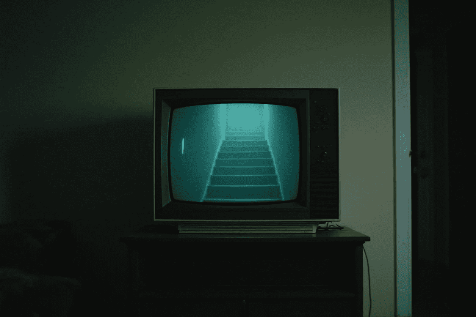 An early-1990s television in a dim sitting room, its screen showing a dark landing at the top of a staircase.