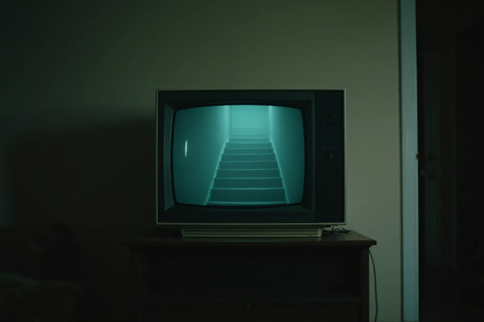 An early-1990s television in a dim sitting room, its screen showing a dark landing at the top of a staircase.