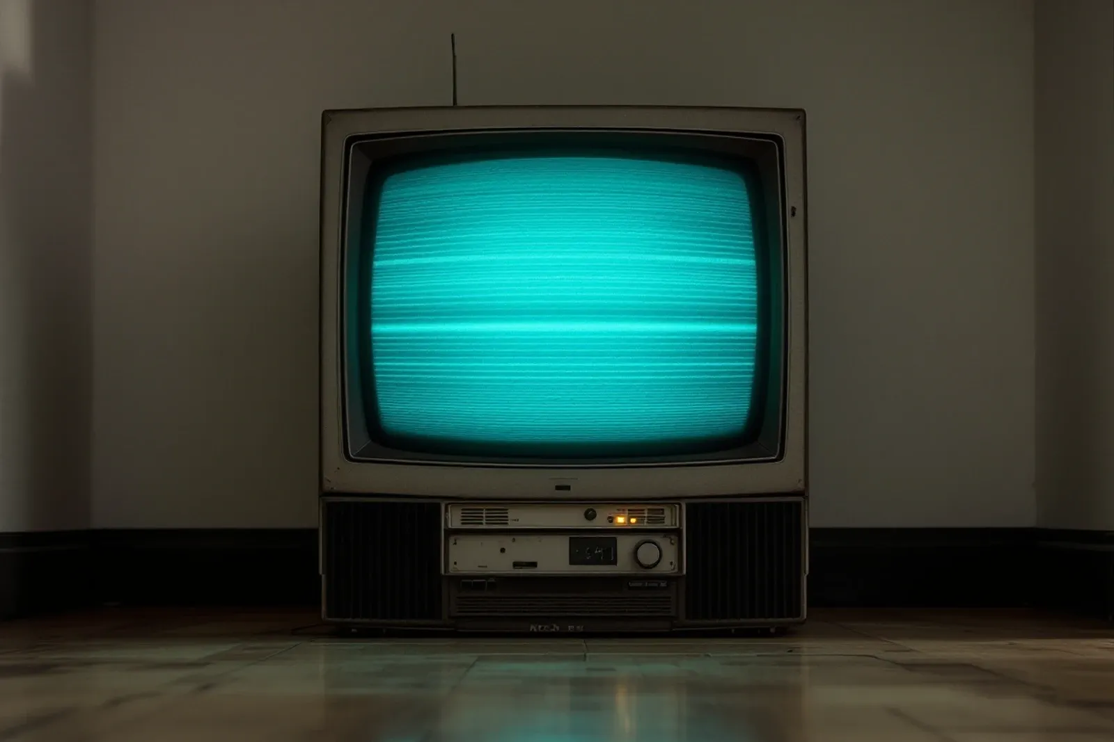 An old television alone on the floor, its screen full of rolling static.