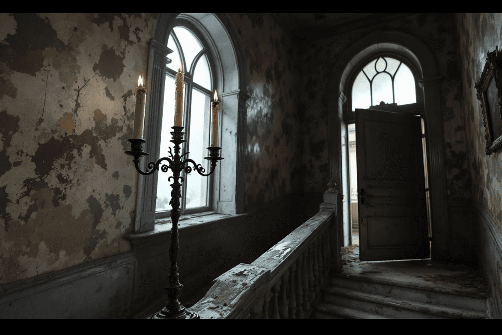 A candelabra with burned-down candles on the stair landing of a decaying Victorian mansion.