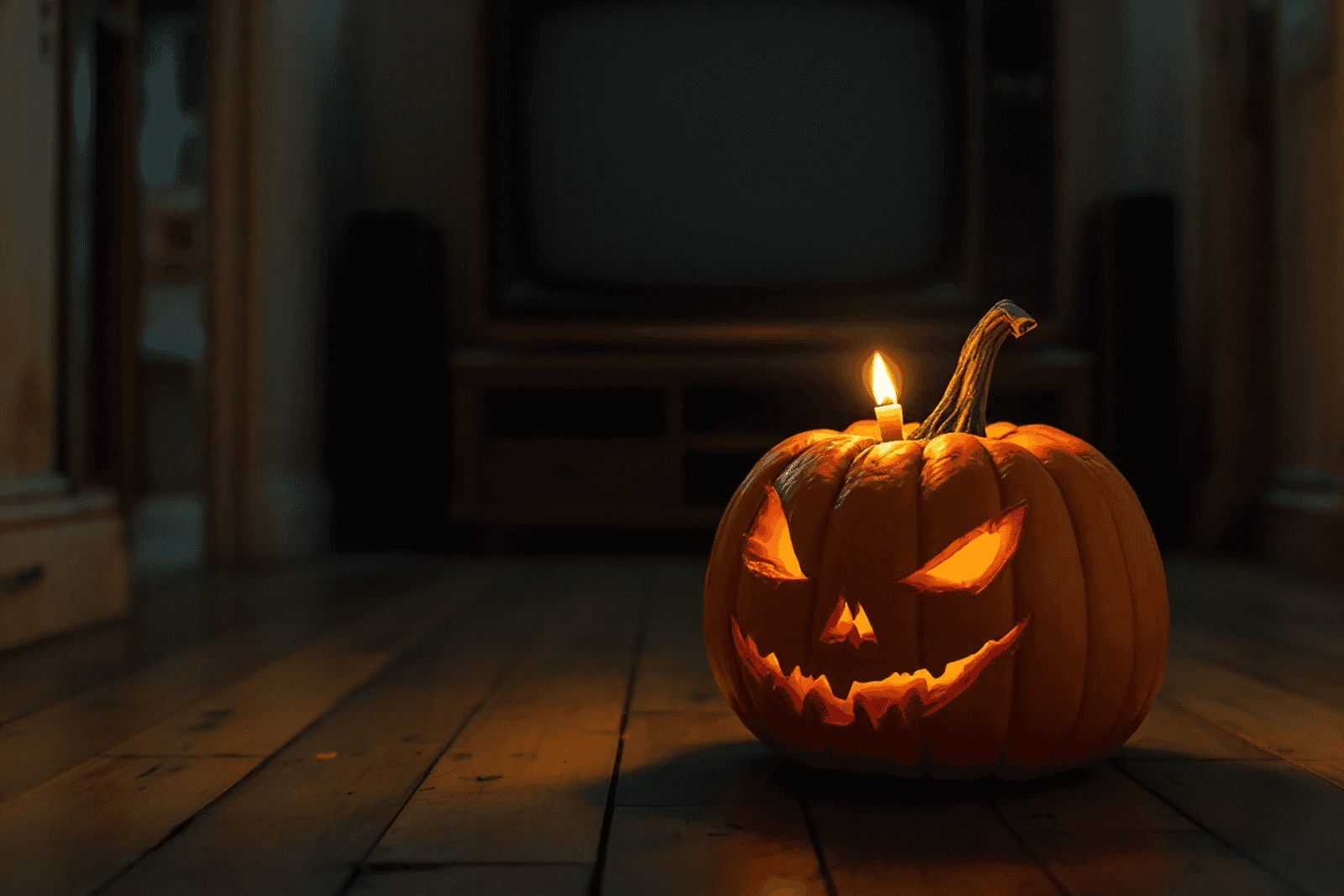 A carved pumpkin with a lit candle on its lid, on the floorboards of a dark room before an old switched-off television.