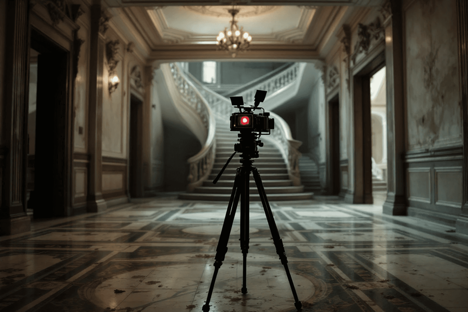 A video camera with a red recording light on a tripod in a disused hotel lobby, a staircase fading into darkness behind it.