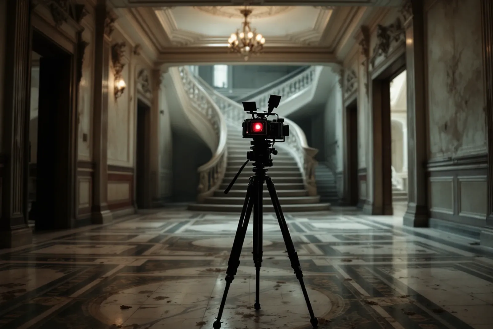 A video camera with a red recording light on a tripod in a disused hotel lobby, a staircase fading into darkness behind it.