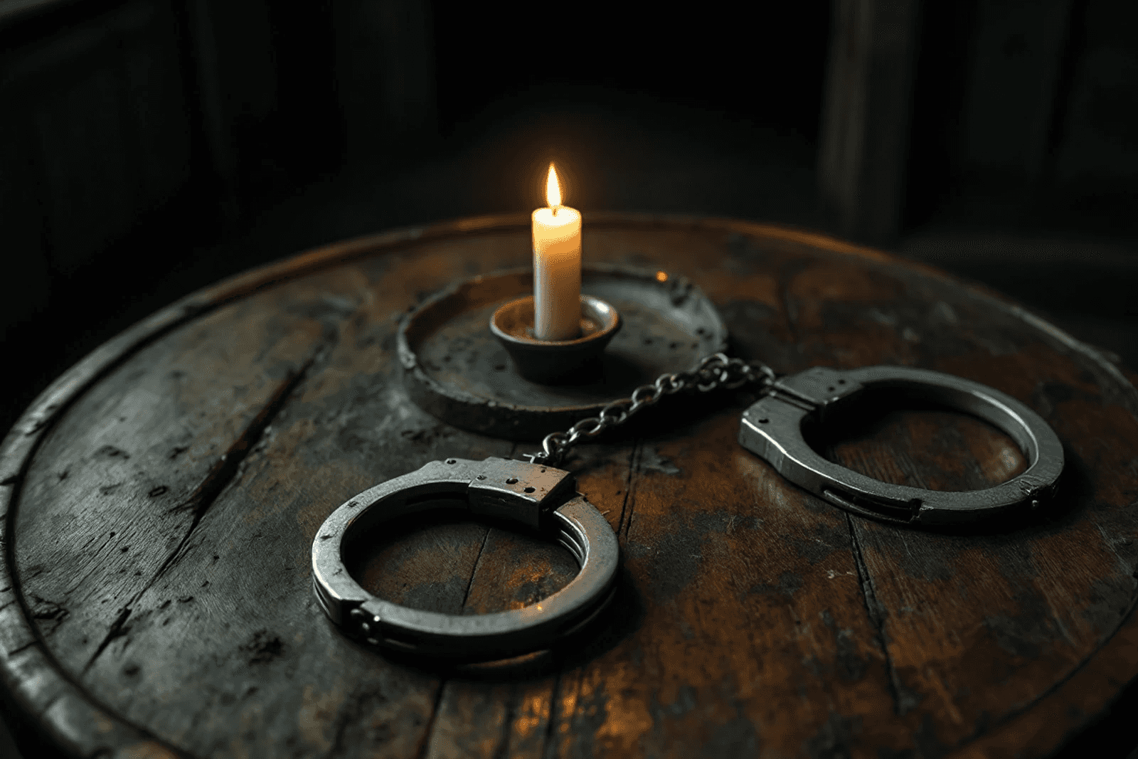 An old pair of handcuffs beside a lit candle on a round séance table, seen from low at the table's edge.