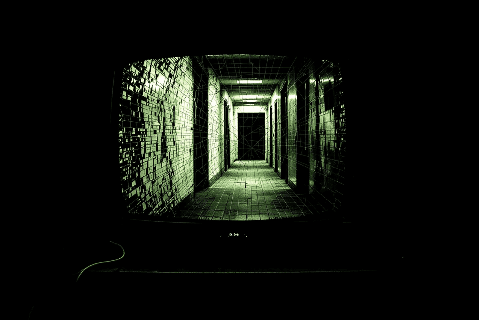A television screen showing a hallway dissolved into broken grid lines.