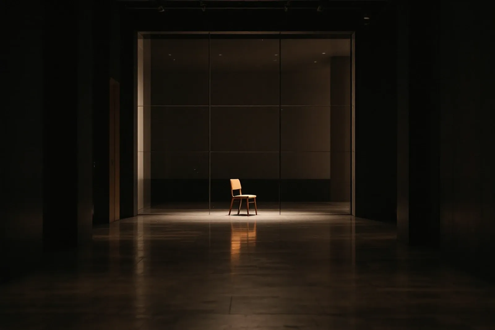 A sheet of glass angled across an empty stage, reflecting a chair.