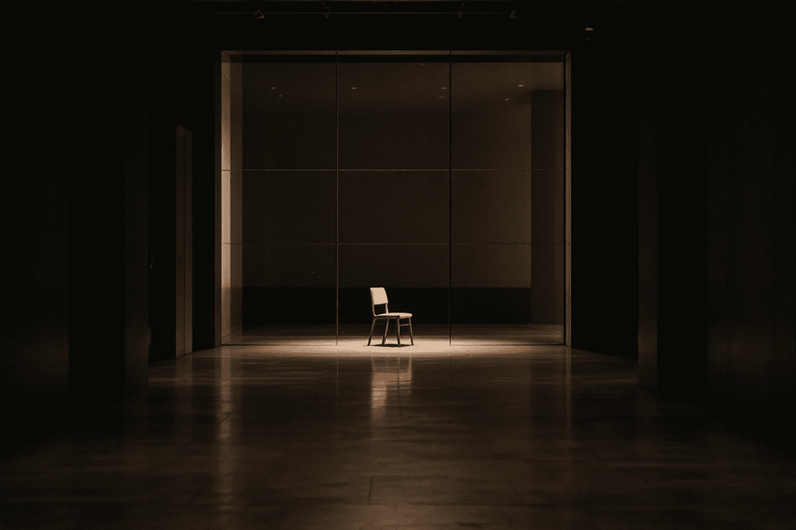 A sheet of glass angled across an empty stage, reflecting a chair.