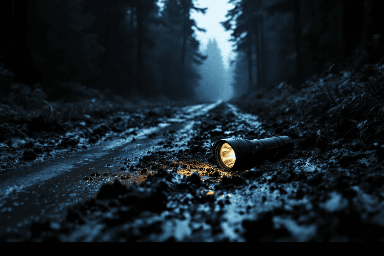 A dropped flashlight in the mud of a logging road at dusk, its beam pointing into a misty coastal forest.