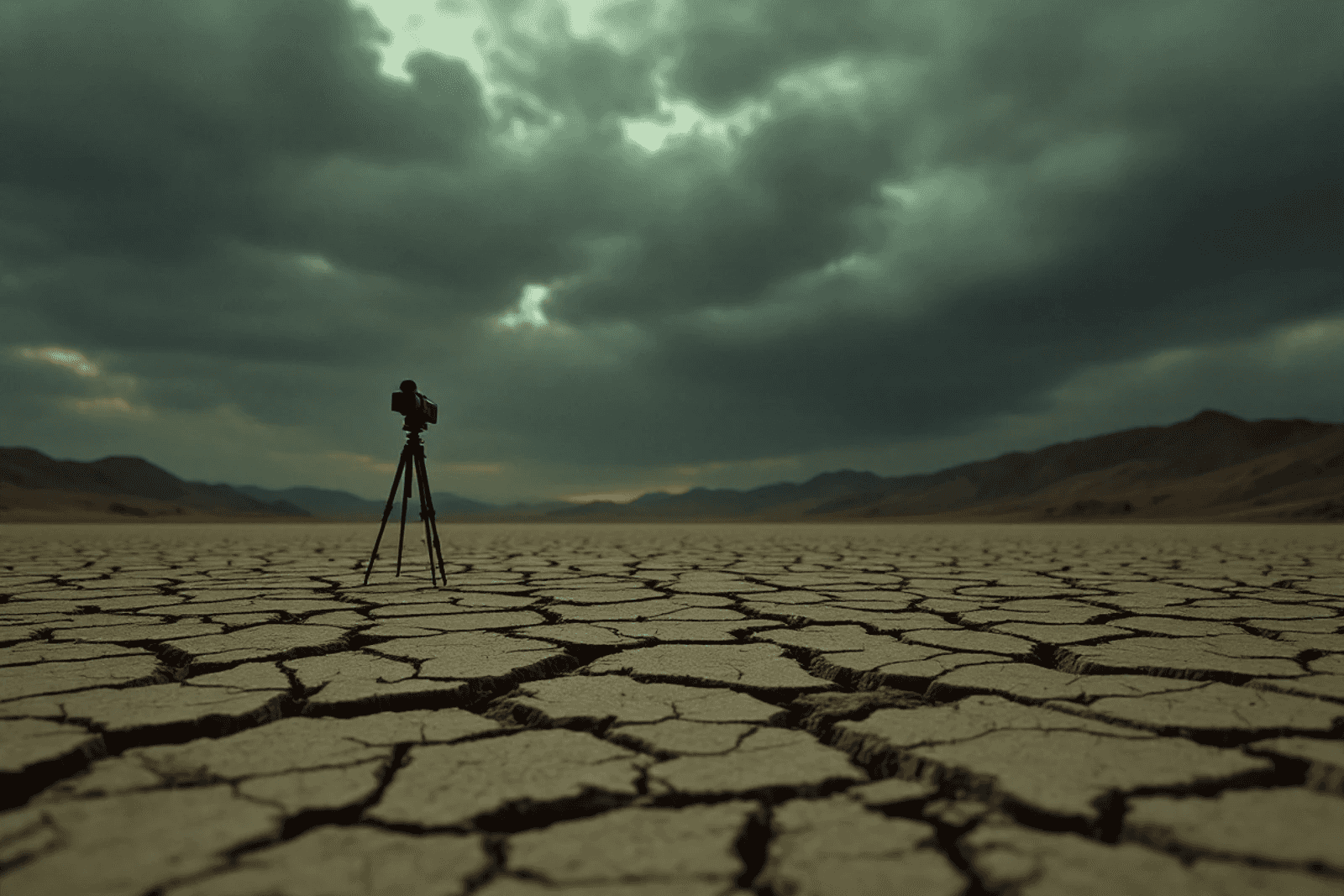 A camcorder on a tripod alone on a pale, cracked dry lakebed at dusk.