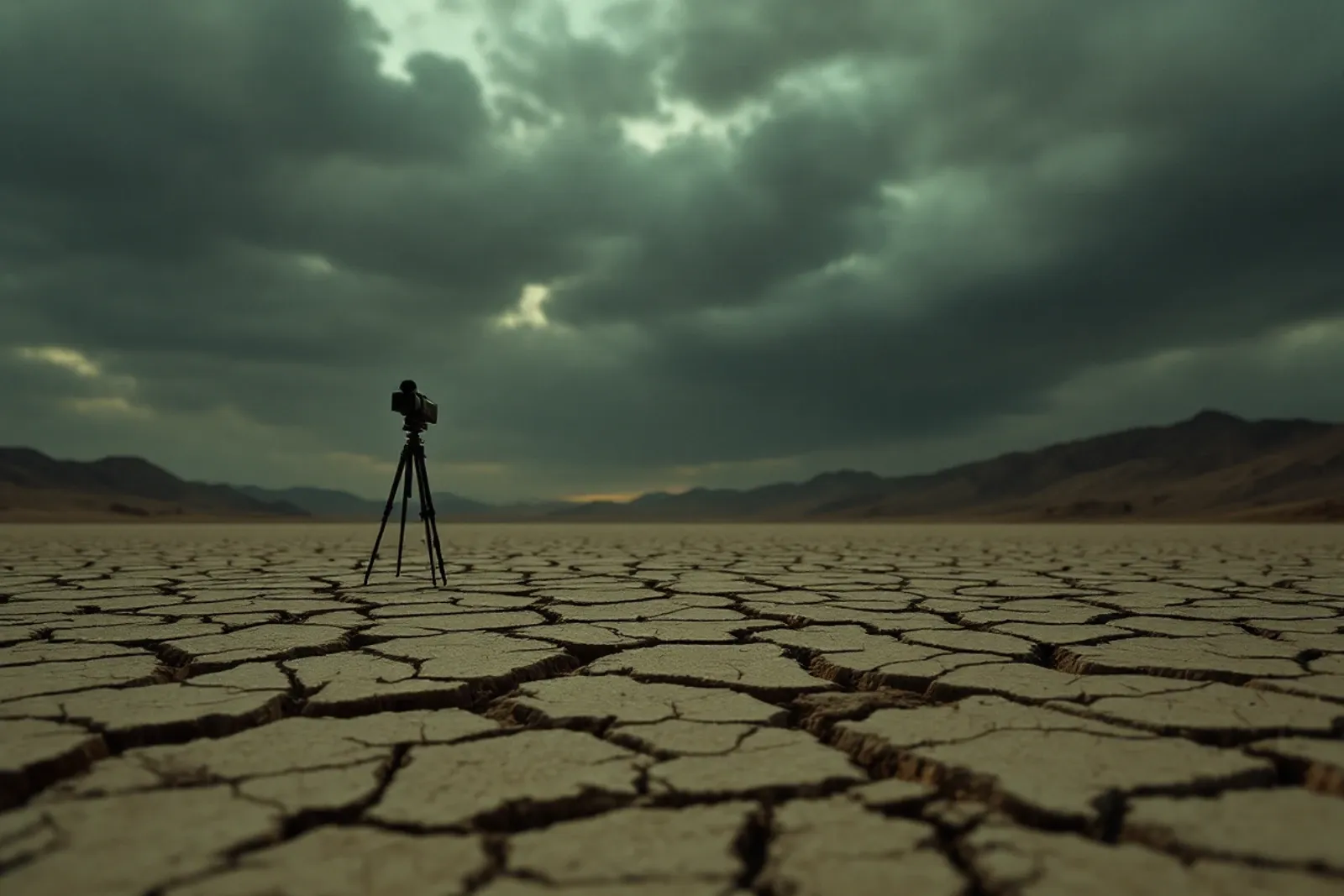 A camcorder on a tripod alone on a pale, cracked dry lakebed at dusk.