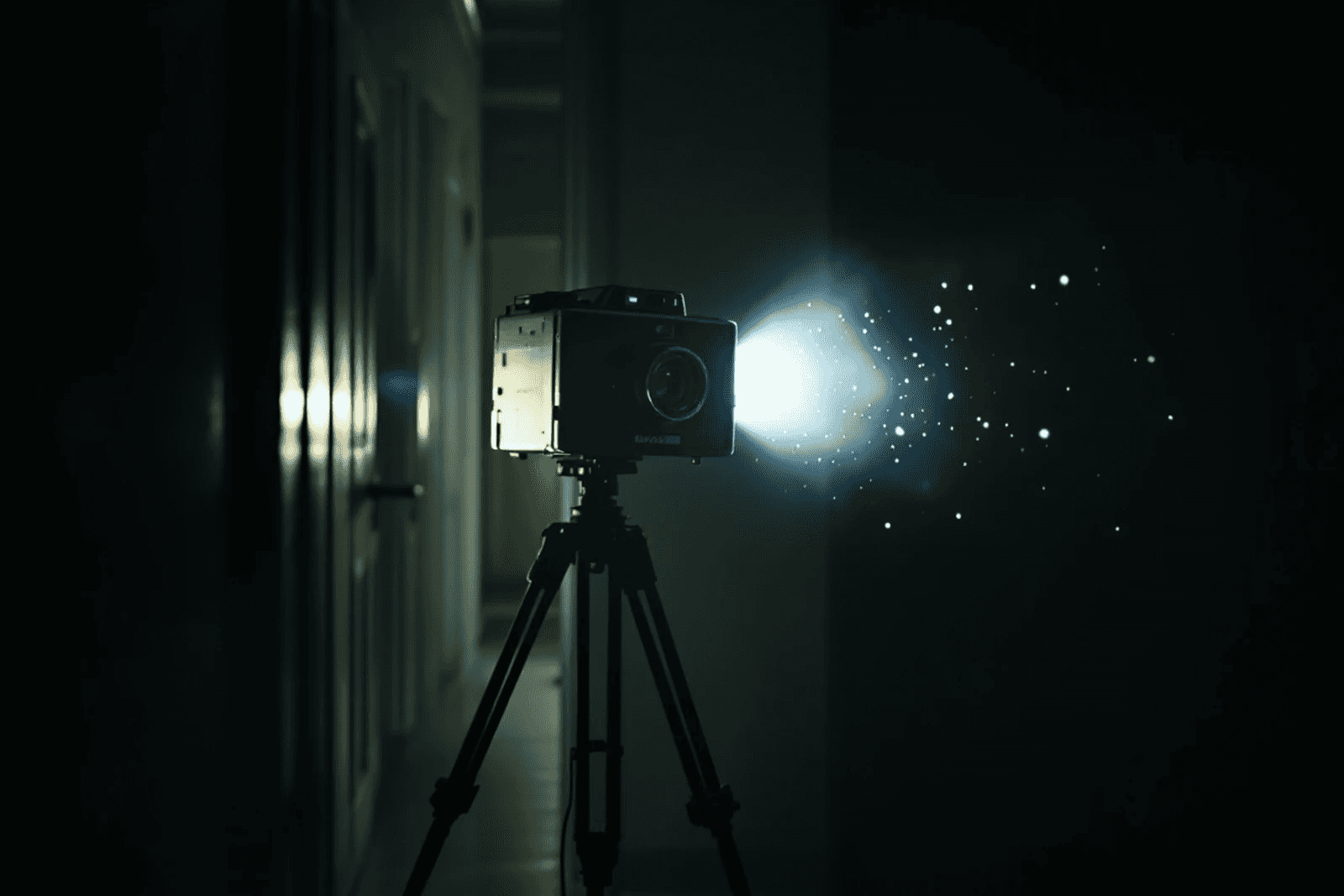 A box camera mid-flash, bright motes floating in front of the lens.