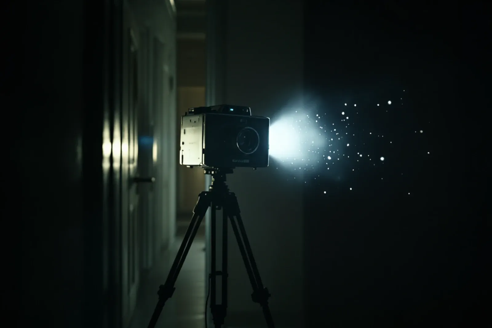 A box camera mid-flash, bright motes floating in front of the lens.
