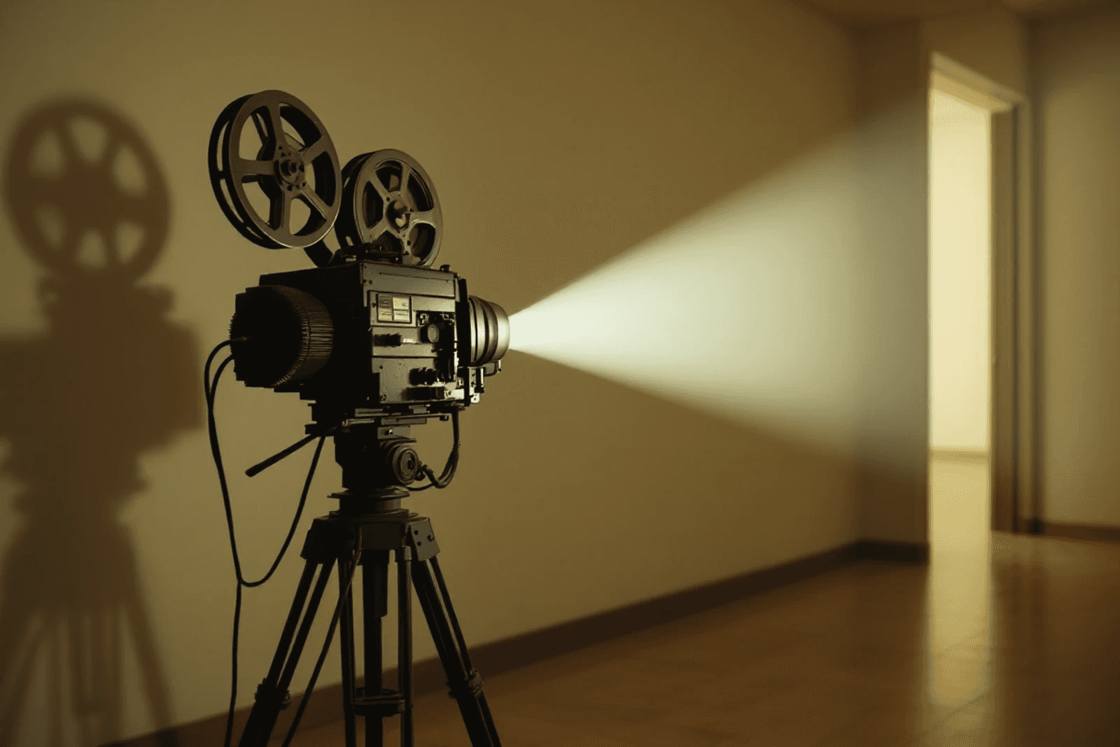 An old film projector in an empty room, its beam crossing a bare wall.