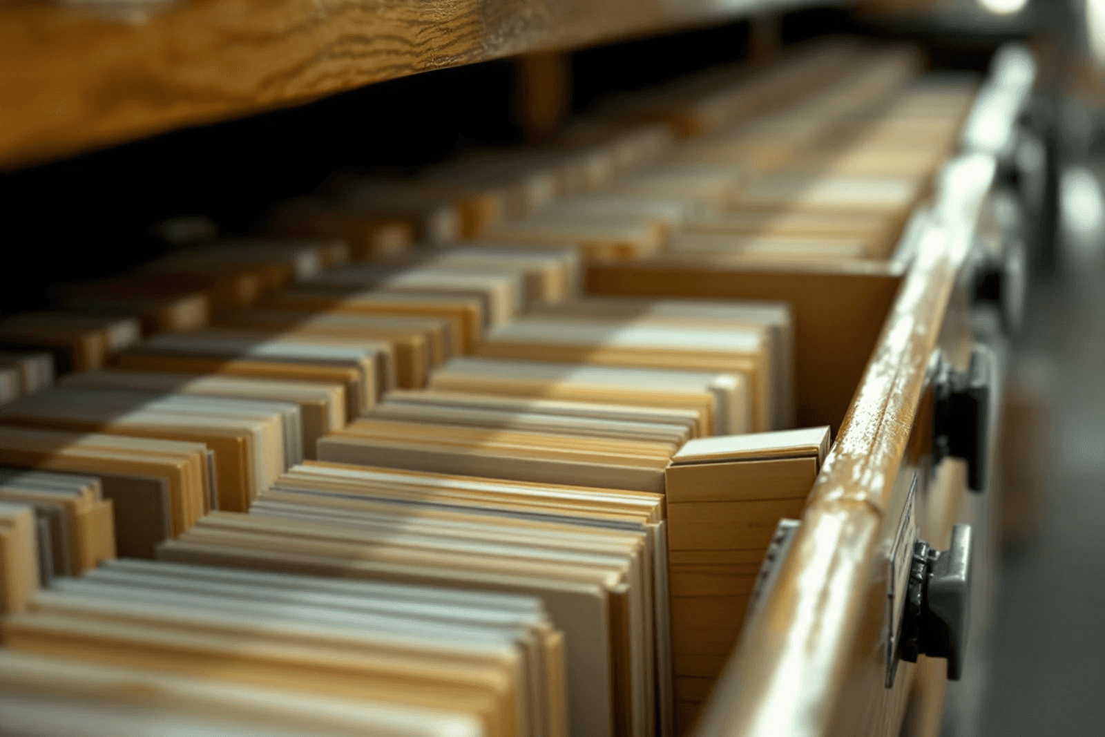 A wooden card-catalog drawer of index cards, one pulled halfway out.