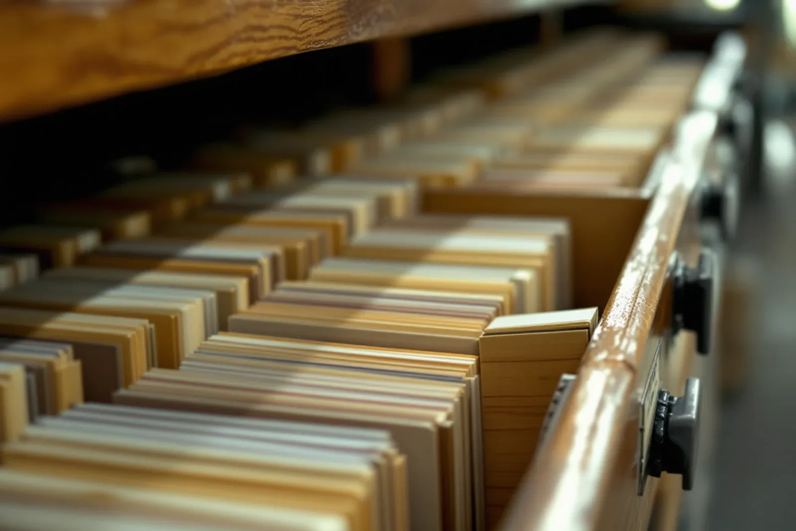 A wooden card-catalog drawer of index cards, one pulled halfway out.