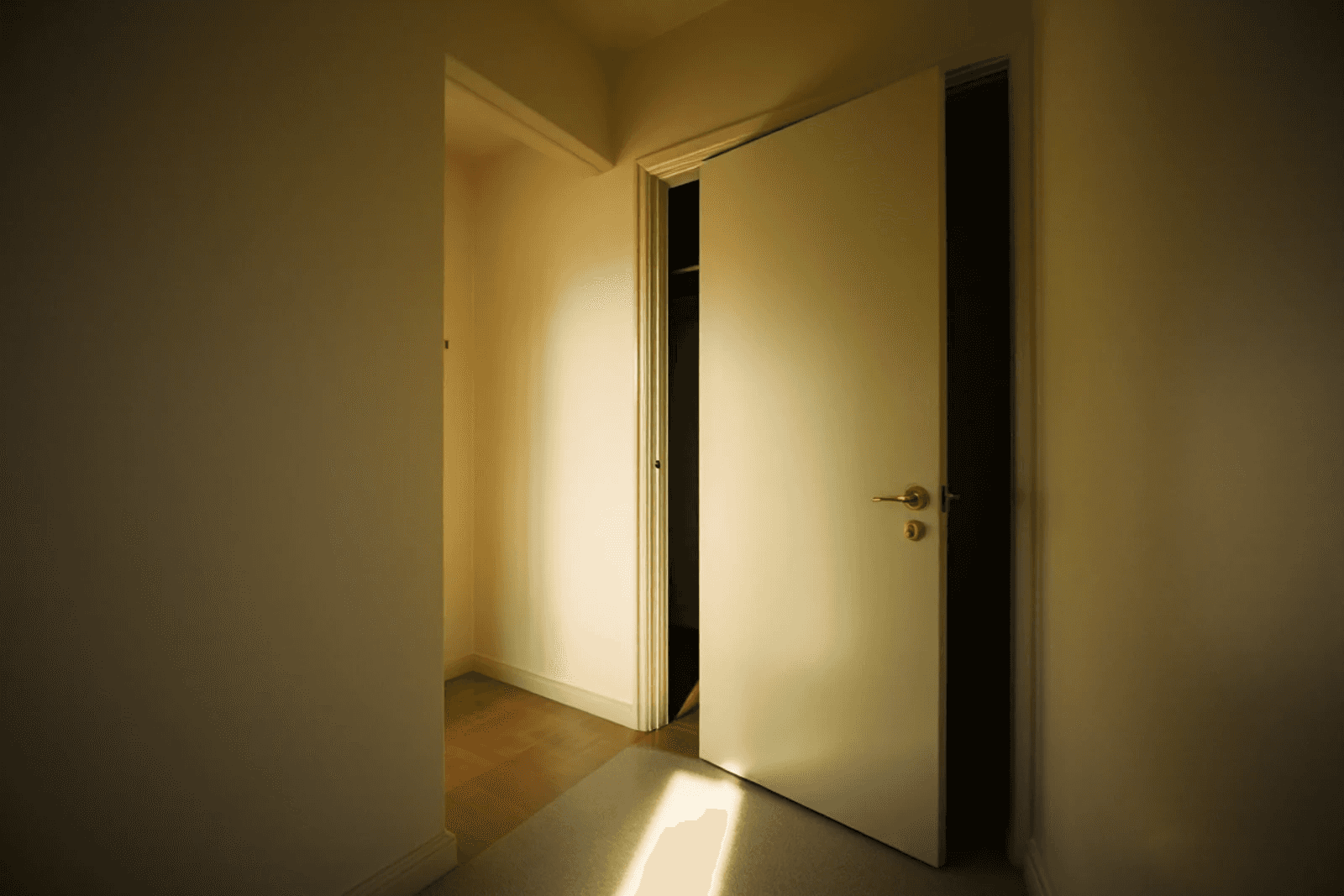 A closet door in a child's bedroom, open a hand's width onto darkness, seen from bed height.
