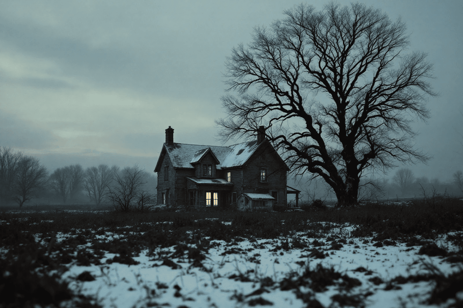 An isolated farmhouse at the edge of a winter field, one window lit.