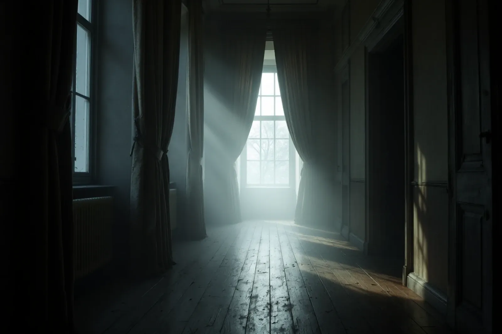 A manor hallway in thick fog seen through a tall window, curtains nearly drawn, a cold shaft of daylight on bare floorboards.