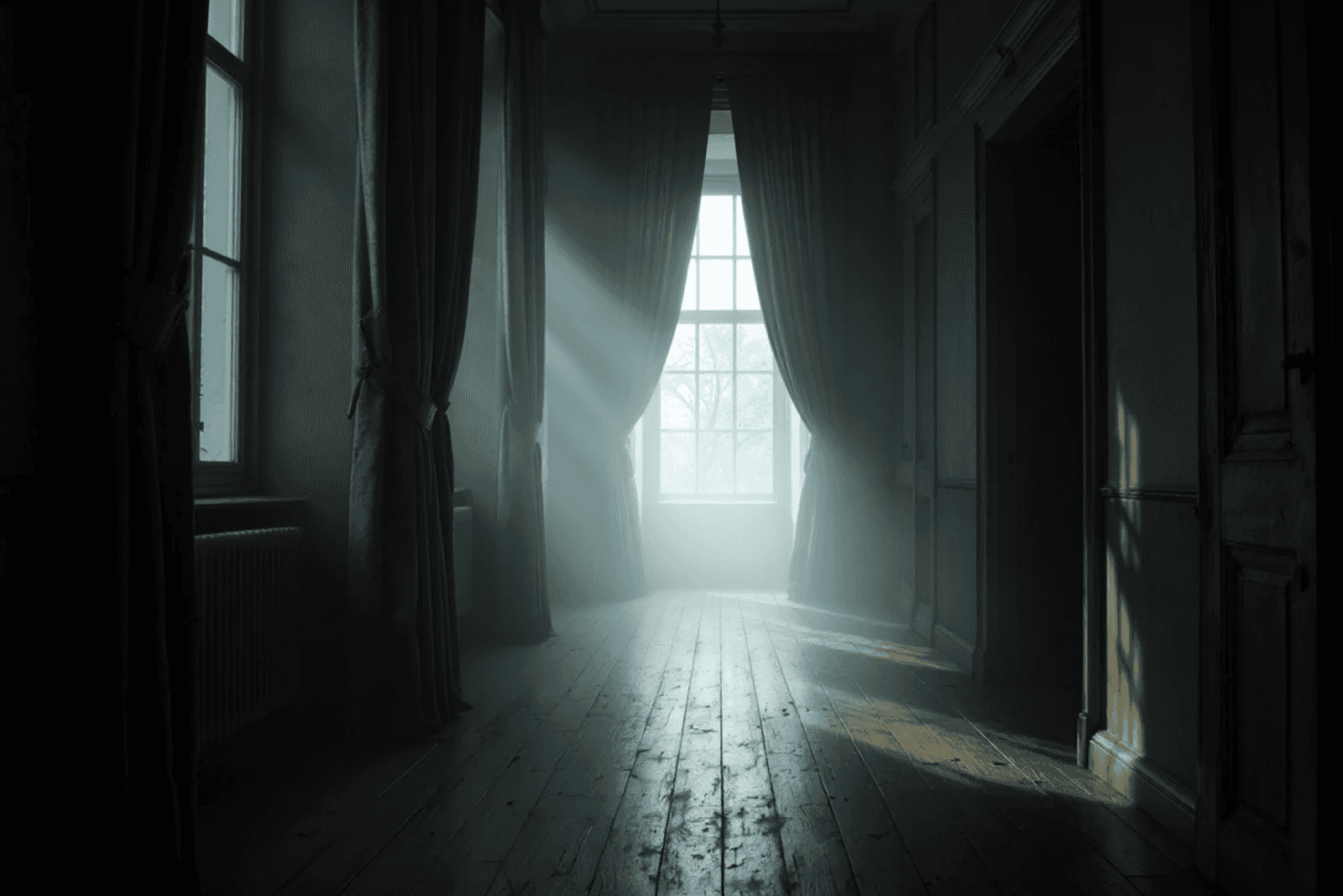 A manor hallway in thick fog seen through a tall window, curtains nearly drawn, a cold shaft of daylight on bare floorboards.