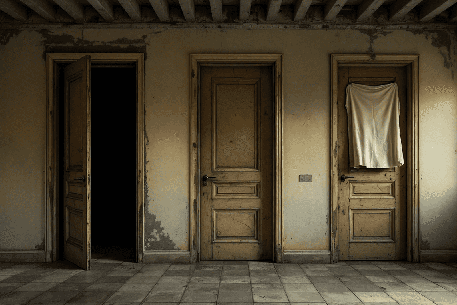 Three doorways in a corridor: open, boarded shut, and curtained.