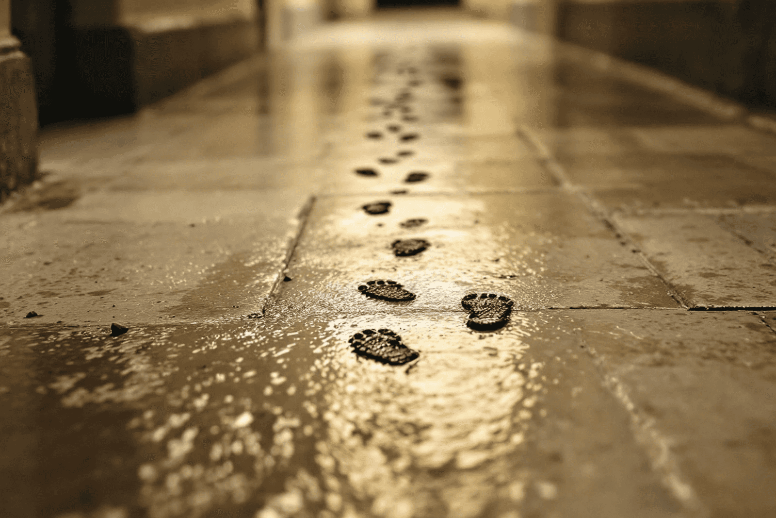 A short line of wet footprints crossing a dry floor, stopping abruptly.